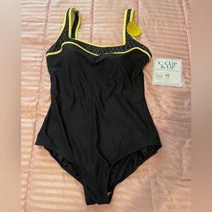 It Figures! NWT black/yellow full coverage one piece swimsuit. Size 18.